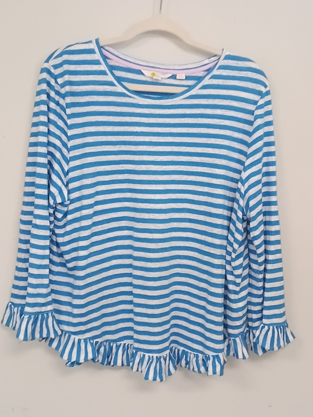 Boden Linen Dorothy Blue White Striped Ruffle Preppy Nautical Casual Top 16/18